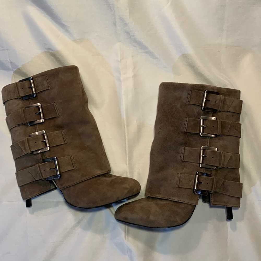 Guess Taupe Suede Buckle Mid-Calf Heeled Boots